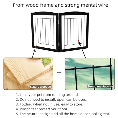 Freestanding Foldable Dog Gate for House Extra Wide Wooden Indoor Puppy Gate Stairs Doorways Pet Gate Tall Dog Fence 2 Panels Fence Black (Black / 【2 Panels】40''w x 24''h)