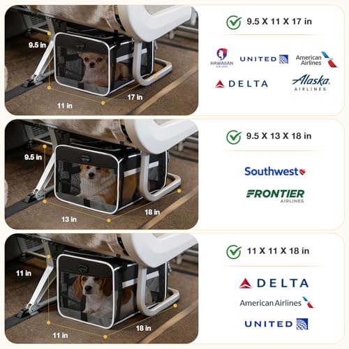Top Expandable Pet Carrier 18x13x9.5 Inch Southwest Frontier Airline Approved Soft Sided Underseat to 15lbs Travel Carriers for Small Cats Dogs with Locking Safety Zippers Anti (Black)