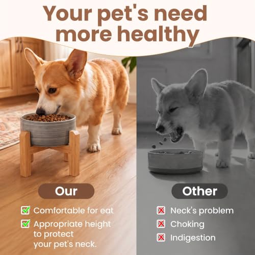 Elevated Ceramic Dog Bowl with Bamboo Stand (White Gray / 3.6Cup)