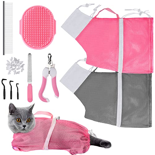 10PCS Cat Bathing Bag Adjustable Shower Washing Net Grooming Set (Pink+Grey)