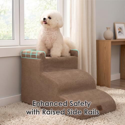 4 Step Curved Dog Stairs for Beds 17.6" H (Camel / 31.3"l X 15.7"w X 19.3"h)