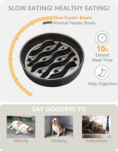 Ceramic Slow Feeder Dog Bowls for Medium and Large Dogs (Black / 8 Inches)