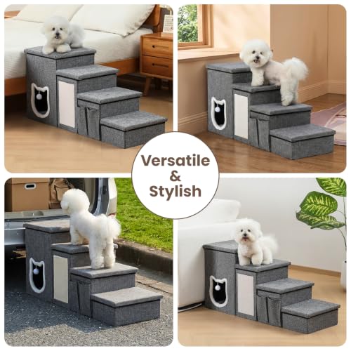Pet Stairs with Storage and Condo (Grey / 4-Step)