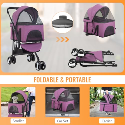 3 Wheels Pet Stroller 3 in 1 Multi (Purple / 3 Wheels)