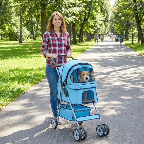 4 Wheel Foldable Pet Stroller (Blue / 4 Wheels)