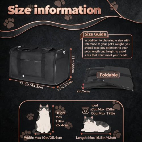 25lbs Cat Carrier Lightproof Soft Sided Pet Carrier for Large Cat (17.5"L x 11.0"W x 11.0"H / Black)