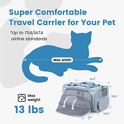 Cat Carrier Airline Approved Expandable Breathable Safety Leash (Light Grey and Sky Blue)