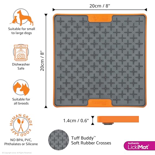 Tuff, Heavy-Duty Buddy, Dog Slow Feeder Lick Mat, Boredom Anxiety Reducer; Perfect for Food, Treats, Yogurt, or Peanut Butter, Fun Alternative to a Slow Feed Dog Bowl, Orange (Orange)