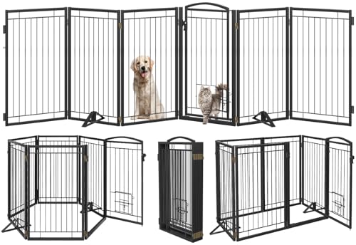 Full Metal Freestanding Dog Gate with Cat Door for Indoor & Outdoor (Black / 【6 Panels with Door】120"W×36"H)