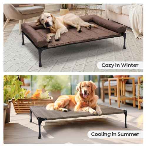 Outdoor Elevated Dog Bed with Waterproof Bolster Cushion (Brown / 42.0"L x 30.0"W x 7.0"Th)