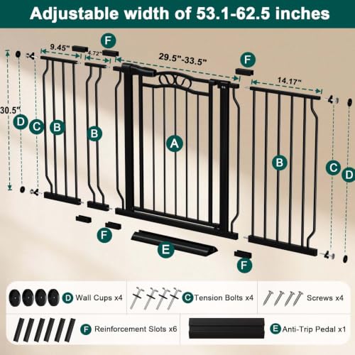 53.1" 62.5" Extra Wide Baby Gates for Doorways Pressure Mounted (Black / 53.1"-62.5")
