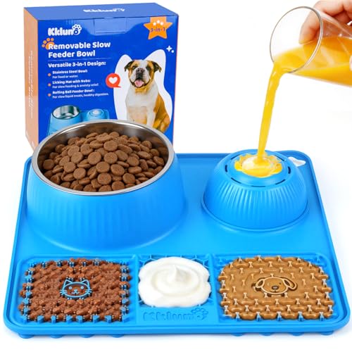 Slow Feeder Dog Bowl with Lick Mat & Interactive Rolling Ball (Light-Blue)
