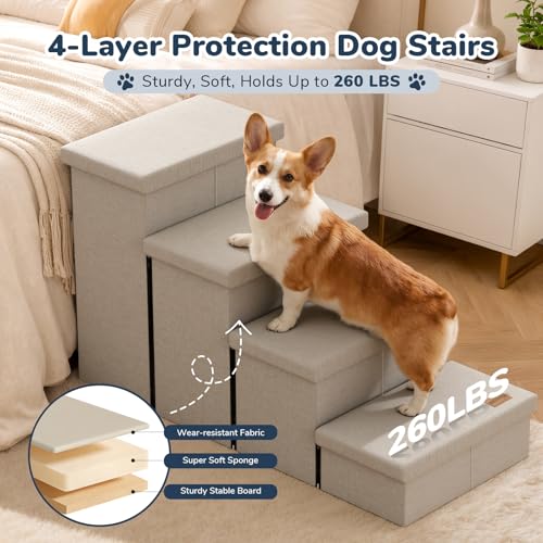 4 Step Wide Dog Stairs with Storage 23" H (Beige / 40"D x 17"W x 23"H)