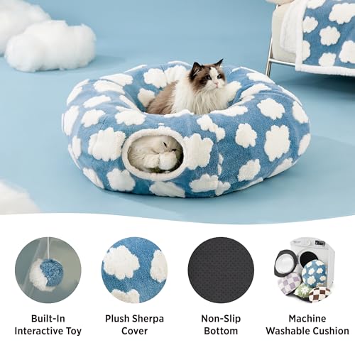 Lesure Donut Cute Jacquard Cat Tunnel Bed Kitten Toys for Puppy Bunny (Standard (33.5"L x 33.5"W x 10"H) / Cozy Clouds Blue)