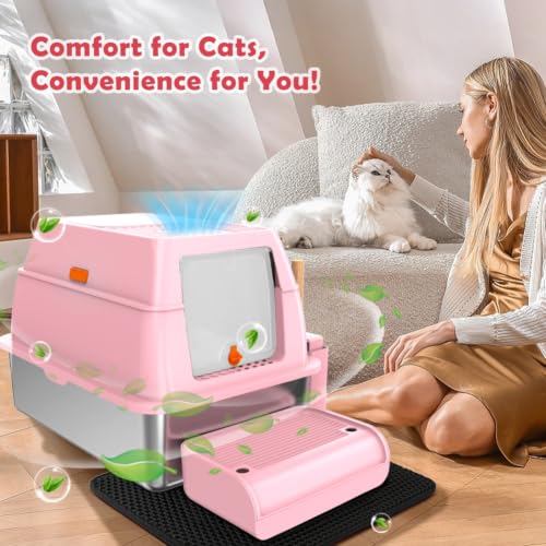 XL Stainless Steel Cat Litter Box with Lid (Pink)