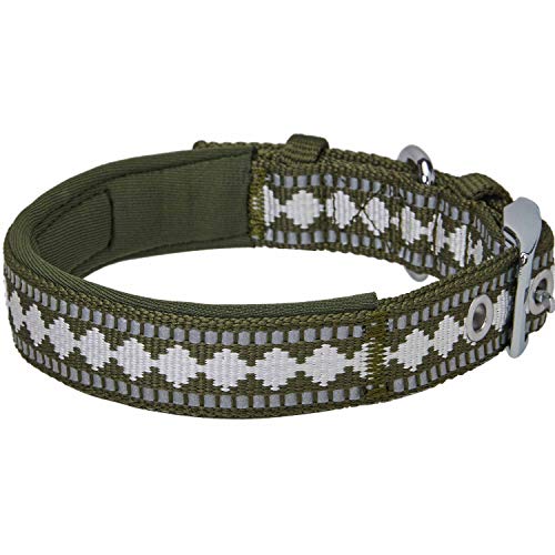 Reflective Jacquard Dog Collar with Neoprene Padding & Metal Buckle (Small / Metal Buckle-Olive)