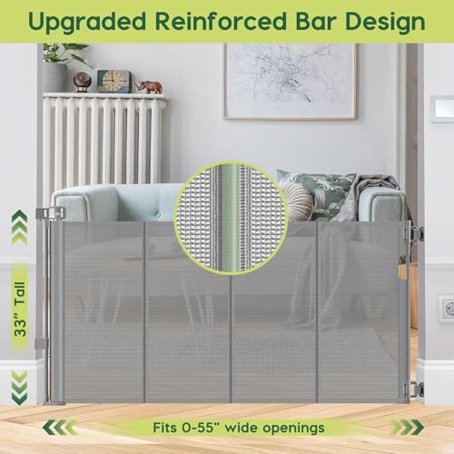 Reinforced 55" Wide Retractable Dog Gate with Support Rods (Gray / 33" Tall x 55" Wide（ With Reinforced Bar ）)