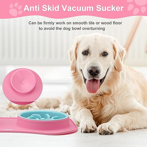 Slow Feeder Dog Bowls 3 in 1 Stainless Steel Food Water Bowl to Slow Eating (Large Breed / Pink)