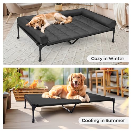 Outdoor Elevated Dog Bed with Waterproof Bolster Cushion (Black / 49.0"L x 33.0"W x 9.0"Th)