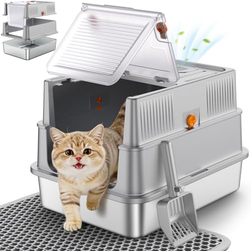 Small Stainless Steel Cat Litter Box with Lid for Kittens (Light Gray / Small)