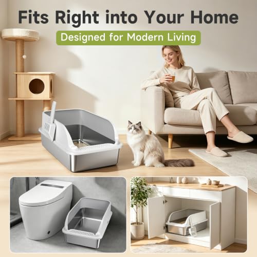 Stainless Steel Cat Litter Box with Lid (Grey XL)
