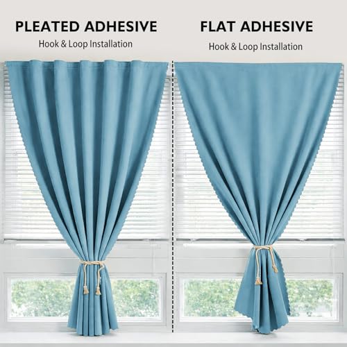 Magic Tape Stick on Curtains Blackout Curtains for Bedroom no Drillng Self Adhesive Curtain no Rod Small Window (Sky Blue / 59"W x 71"L (Pack of 2))