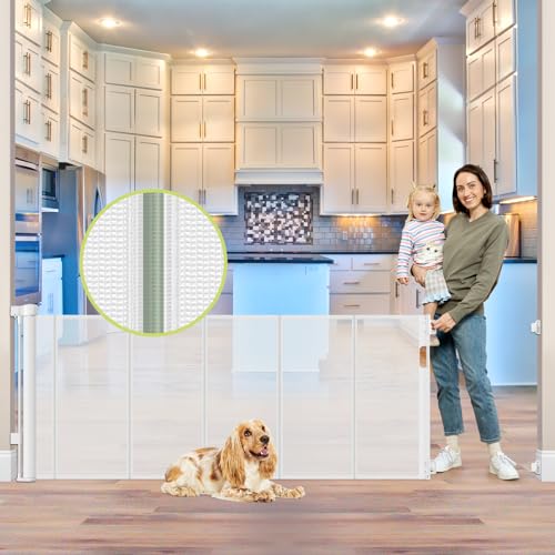 Reinforced 80 Inch Extra Wide Retractable Baby Gate with Support Rods (White / 33" Tall x 80" Wide（ With Reinforced Bar ）)