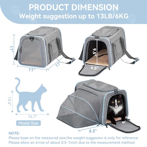 Medium Expandable Cat Carrier for Air Travel (17.0"L x 11.0"W x 11.0"H / Light Gray)