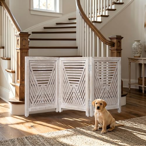 Lightnpro 3 Panel Carved Wooden Dog Gate (White Wash / 24x54 - Clover)