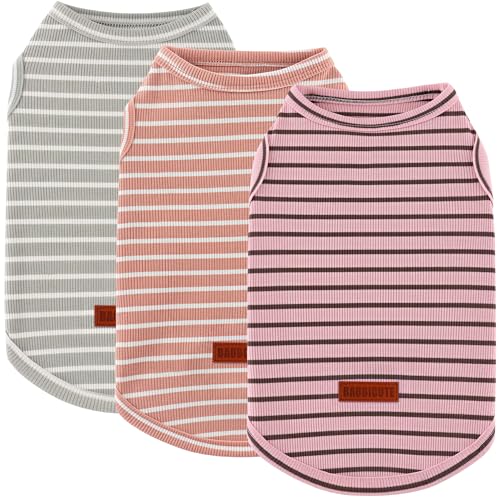 3Pack Dog Shirt Cotton Striped T (Dusty Rose + Taupe Pink + Sage Green / M(Back: 13.8", Chest: 17.7", 8.8-13.2lbs))