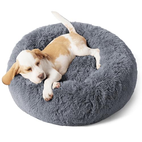 Calming Small Dog Bed Donut Washable Cat＆Puppy Bed (23"L x 23"W x 8"Th / Dark Grey)
