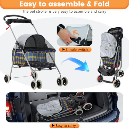 Foldable Pet Stroller for Small (Yellow Plaid)