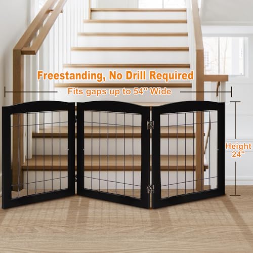 3 Panel Freestanding Foldable Wooden Dog Gate (24"Height-3 Panel / Black)