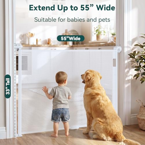 Retractable Baby Gates for Stairs (White / 34" Tall x 54" Wide)