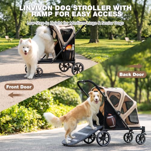 Dog Stroller for Medium Dogs 88lbs with Ramp for Easy Access Foldable Khaki (Khaki&Black)