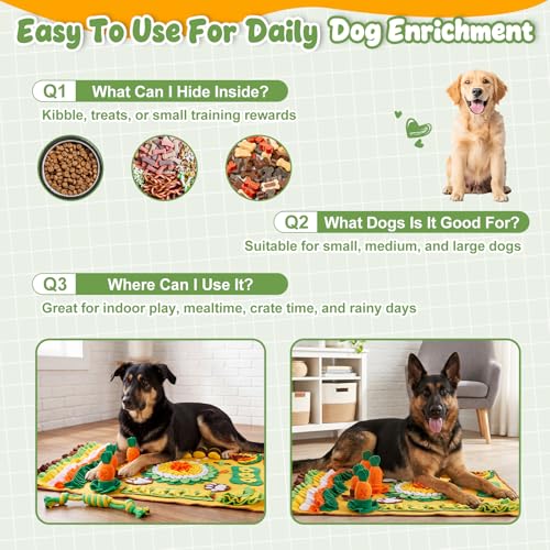 Large Snuffle Mat for Dogs Set 40'' x 30'' Colorful Nosework Feeding Mat with 5 Squeaky Carrots Cotton and 1 Cotton Rope Toy Interactive Foraging Puzzle for Stress Relief Slow Feeding