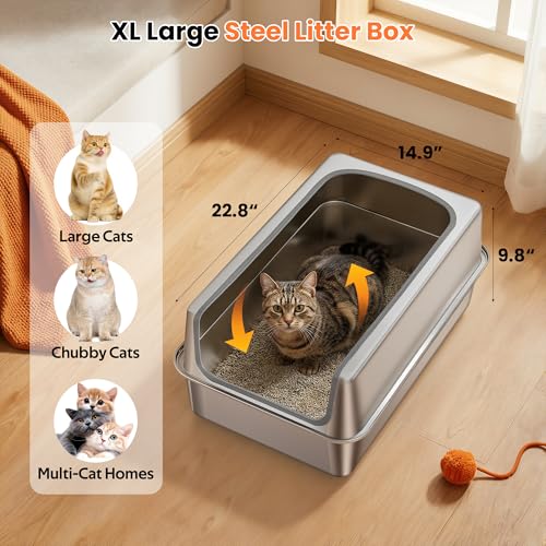 Stainless Steel Litter Box with Metal Lid and Scoop (XL-:22.8"x14.9"x9.8")