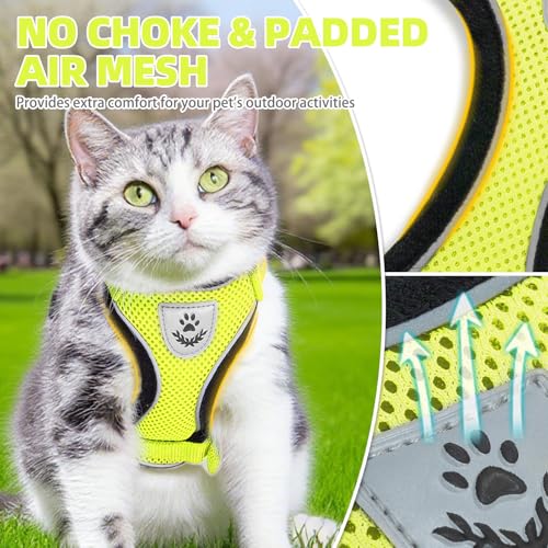 Cat Harness and Leash Set Escape Proof Reflective Cat Walking Harness Adjustable Soft Breathable Mesh Vest for Small Pets (M (NECK 11"-13.7", CHEST 16"-20") / Fluorescent Yellow)