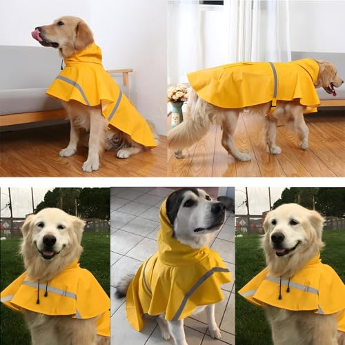 Large Dog Raincoat Adjustable Pet Water Proof Clothes Lightweight Rain Jacket Poncho Hoodies with Strip Reflective (3X-Large (Pack of 1) / Yellow)