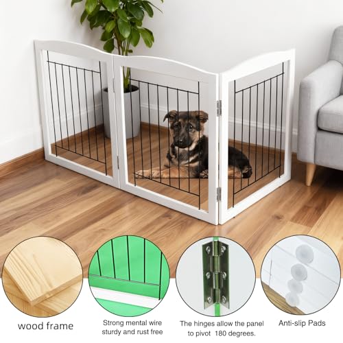 Freestanding Foldable Dog Gate for House Extra Wide Wooden White Indoor Puppy Gate Stairs Doorways Pet Gate Tall Dog Fence 3 Panels Fence (White / 【3 Panels】60''w x 24''h)