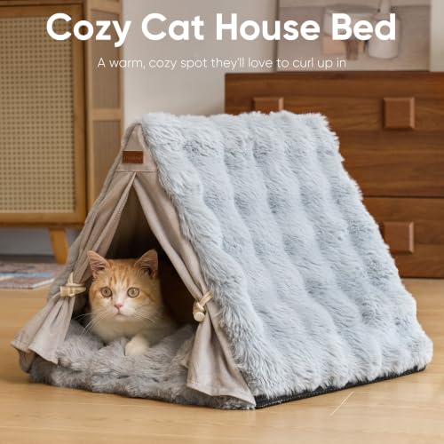 Cat Cave Bed Sturdy Frame Washable Cat Tent Bed with Curtain (Grey / 20"L x 20"W x 17"Th)