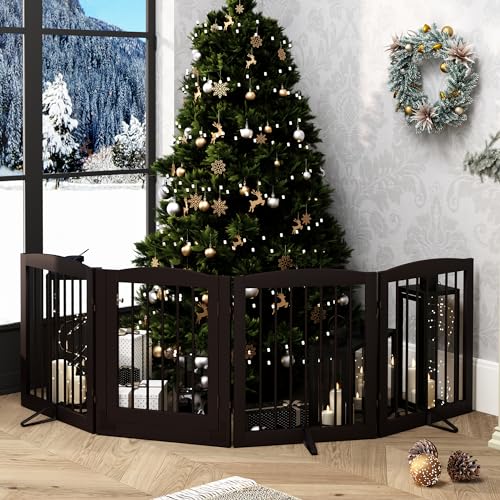 Freestanding Dog Gate with Door (4 Panel 24" / Dark Brown)