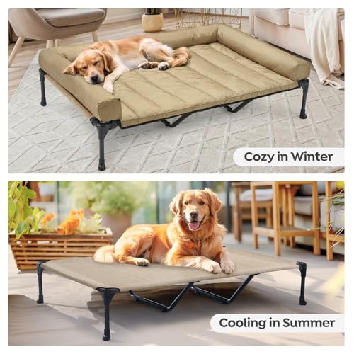 Outdoor Elevated Dog Bed with Waterproof Bolster Cushion (Beige Coffee / 59.0"L x 37.5"W x 9.0"Th)