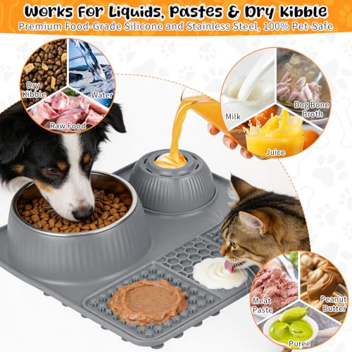 Slow Feeder Dog Bowl with Lick Mat & Interactive Rolling Ball (Light-Gray)