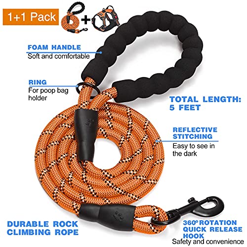 No Pull Dog Harness Adjustable Reflective Oxford Easy Control Medium Large Dog Harness with A Free Heavy Duty 5ft Dog Leash (Orange / X-Large)