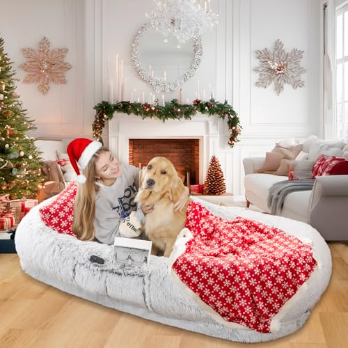 Human Dog Bed (71.0"L x 45.0"W x 12.0"Th / Grey-Christmas)