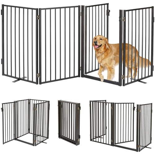 Metal Freestanding Dog Gates with Door for Outdoor Indoor (Black / 【4 Panels with Door】 36''H*80''W)