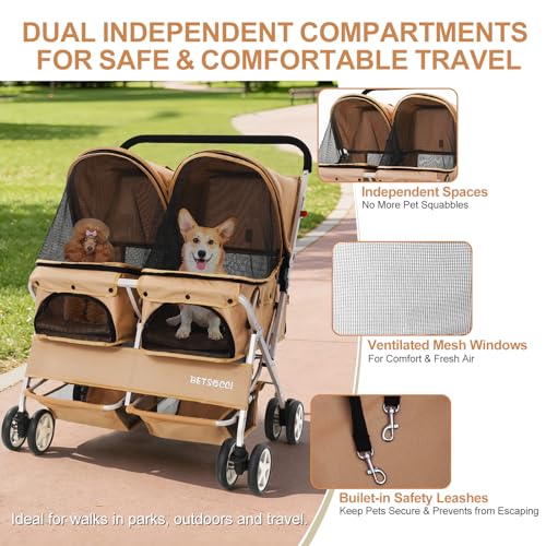 Double Pet Stroller for 2 Small Dogs & Cats (Khaki)
