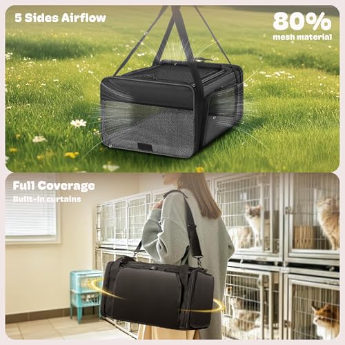 Top and 2 Sides Expandable Cat Carrier 18x13.5x9.5 TSA Airline Approved (Black / 18.0"L x 13.5"W x 9.5"H)