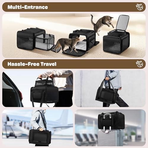 Top and 2 Sides Expandable Pet Carrier 17x11x9.5 TSA Airline Approved (Black / 17.0"L x 11.0"W x 9.5"H)